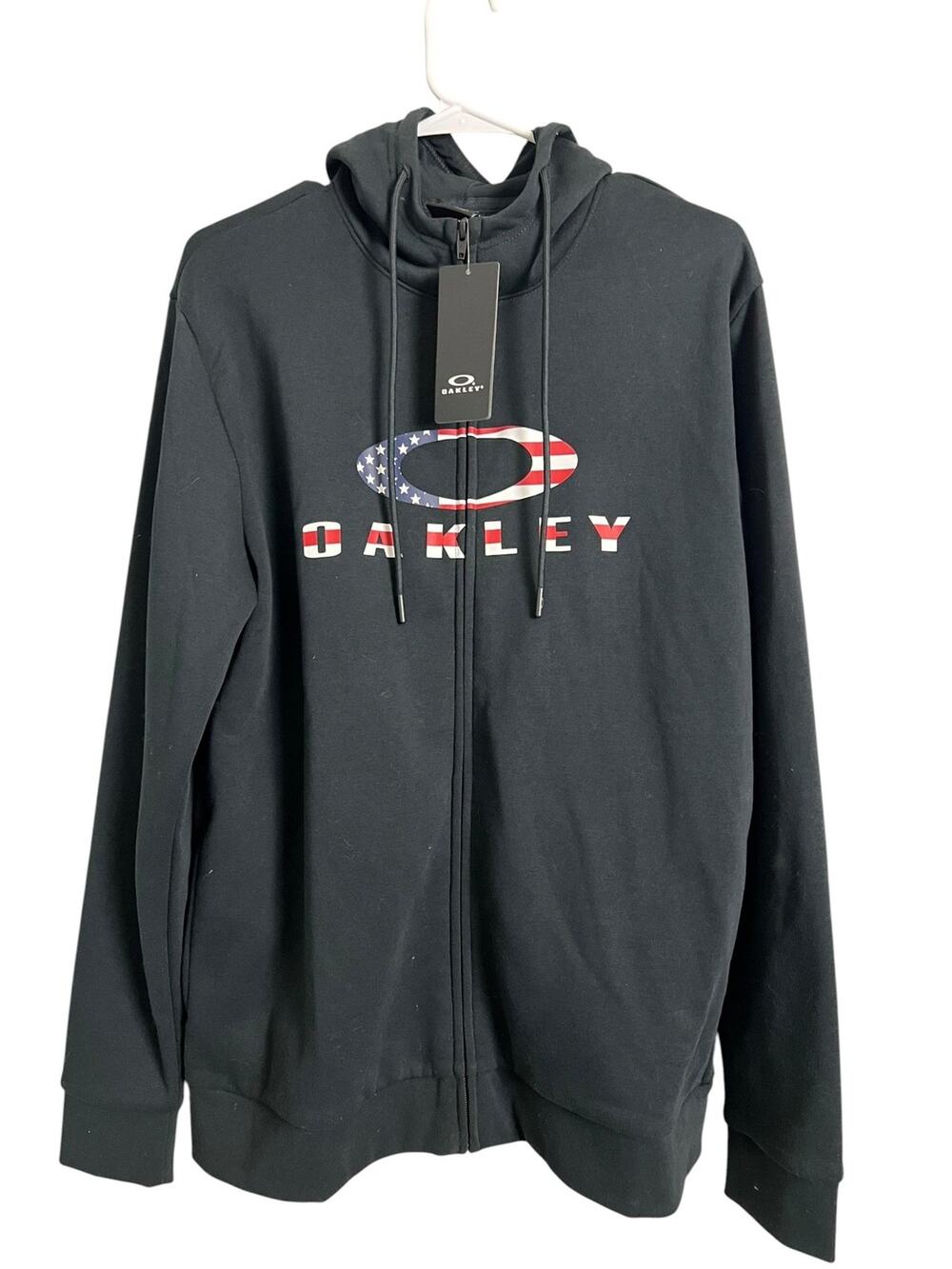Oakley Hoodie Mens Medium Black Full Zip American Flag Fleece Sweatshirt USA